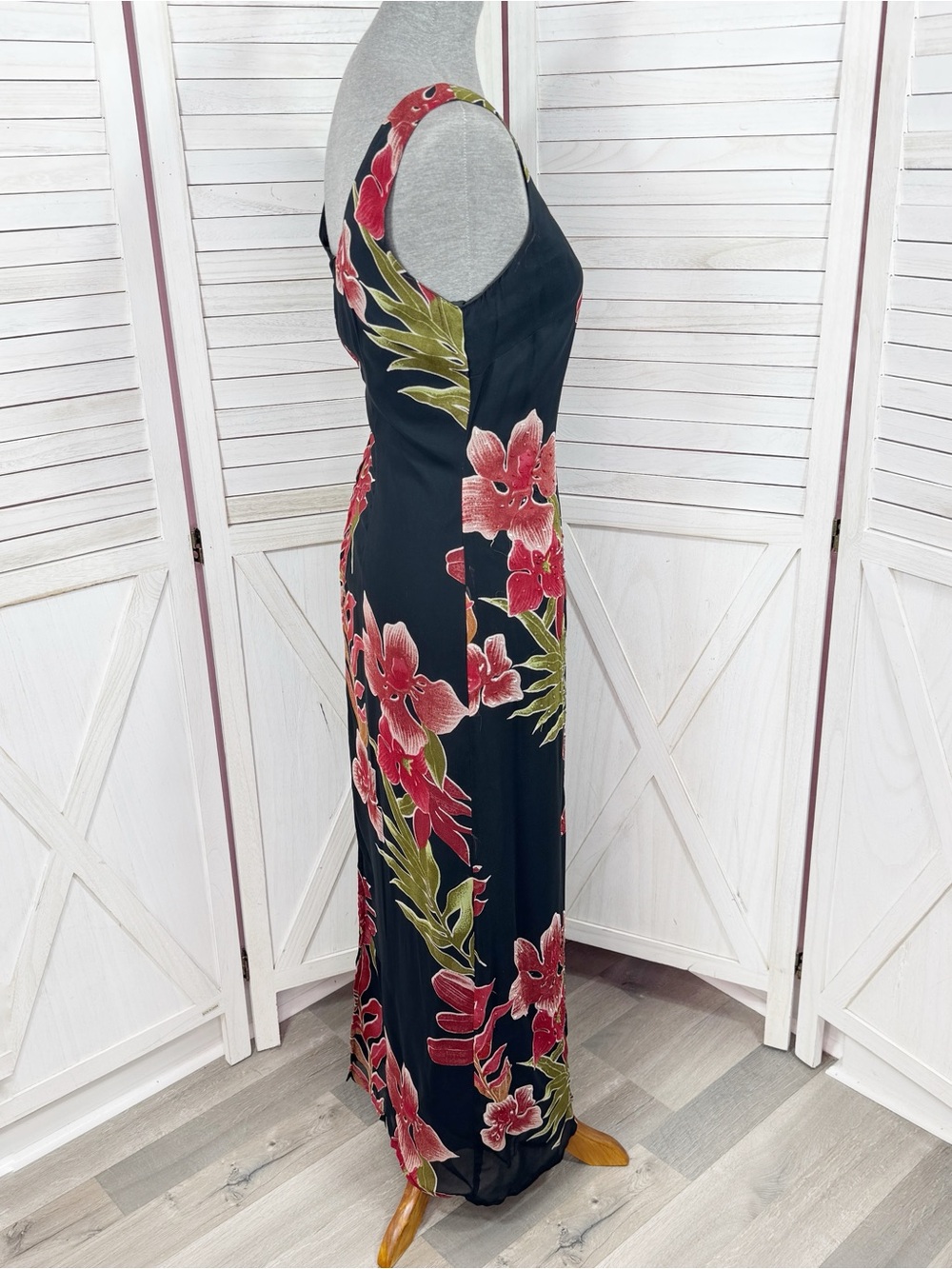 Vntg Y2k Eva Blue Tropical Floral Chiffon Maxi Slip Dress Black Red 10 Fairy - Picture 3 of 12